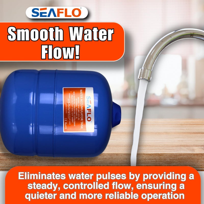 SEAFLO 2 Gallon Pre-Pressurized Accumulator Expansion Tank â€“ Reduces Pump Cycling, Smooth Water Flow, 87 PSI, 3/4" MNPT, Compact Design for RV, Marine, Boat & Off-Grid Systems â€“ 4-Year Warranty - Image 4